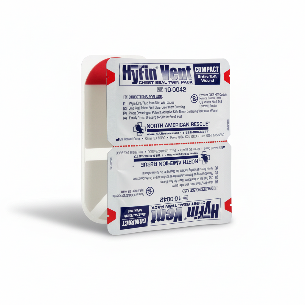 Hyfin Vent Compact Chest Seal twin pack packaging for first aid treating penetrating chest wounds with vented design