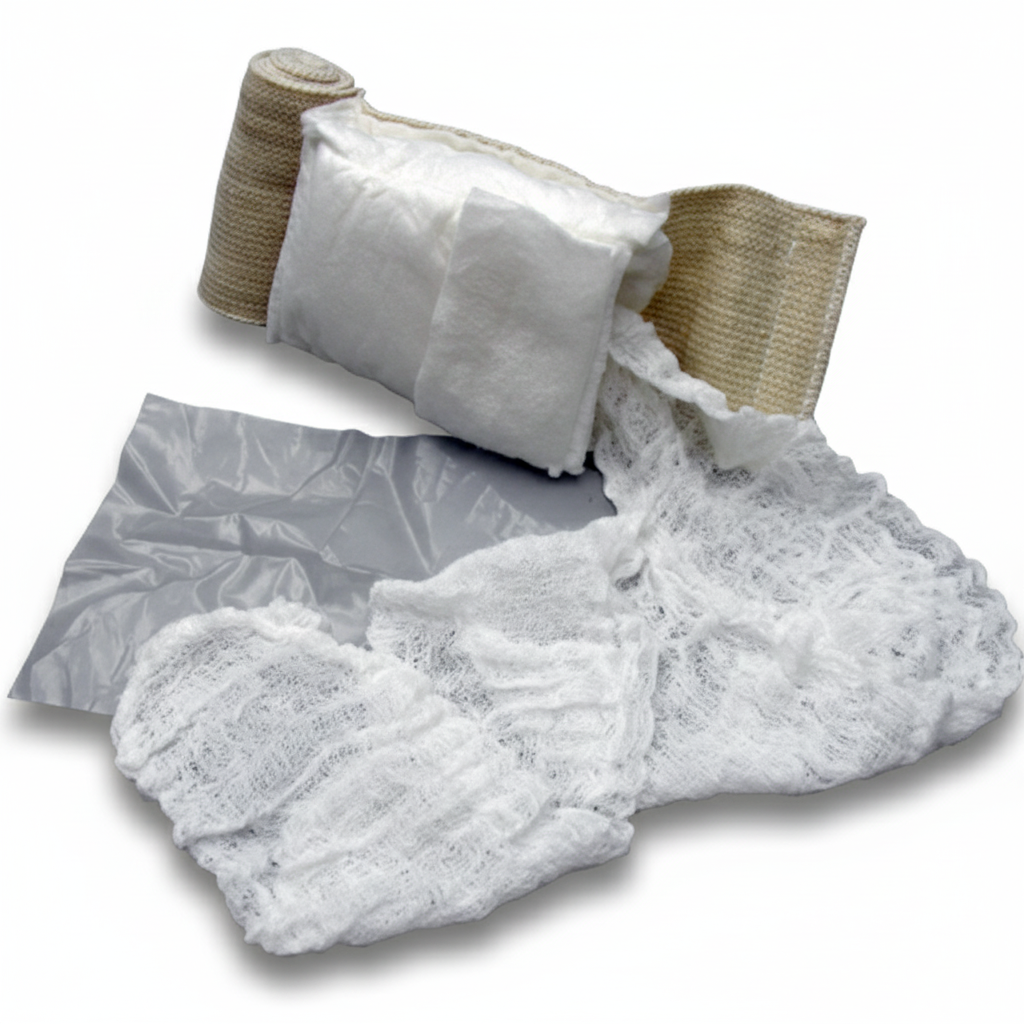 OLAES Modular Trauma Dressing (Training) - Single showing modular white trauma pad, packing gauze, and pressure applicator cup for wound care