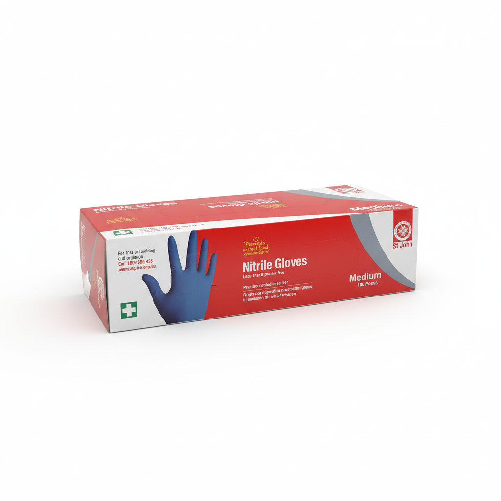 Box of medium size Nitrile Gloves with powder-free, latex-free barrier protection for first aid use by St John WA