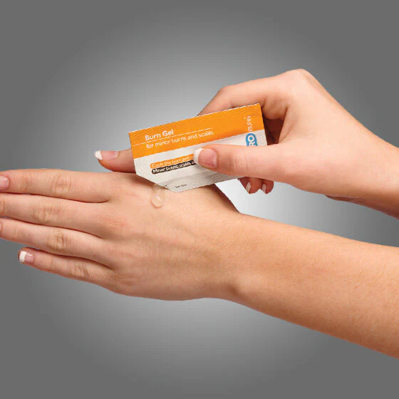 AeroBurn Burn Gel being applied on hand for pain relief and faster healing of minor burns and sunburns