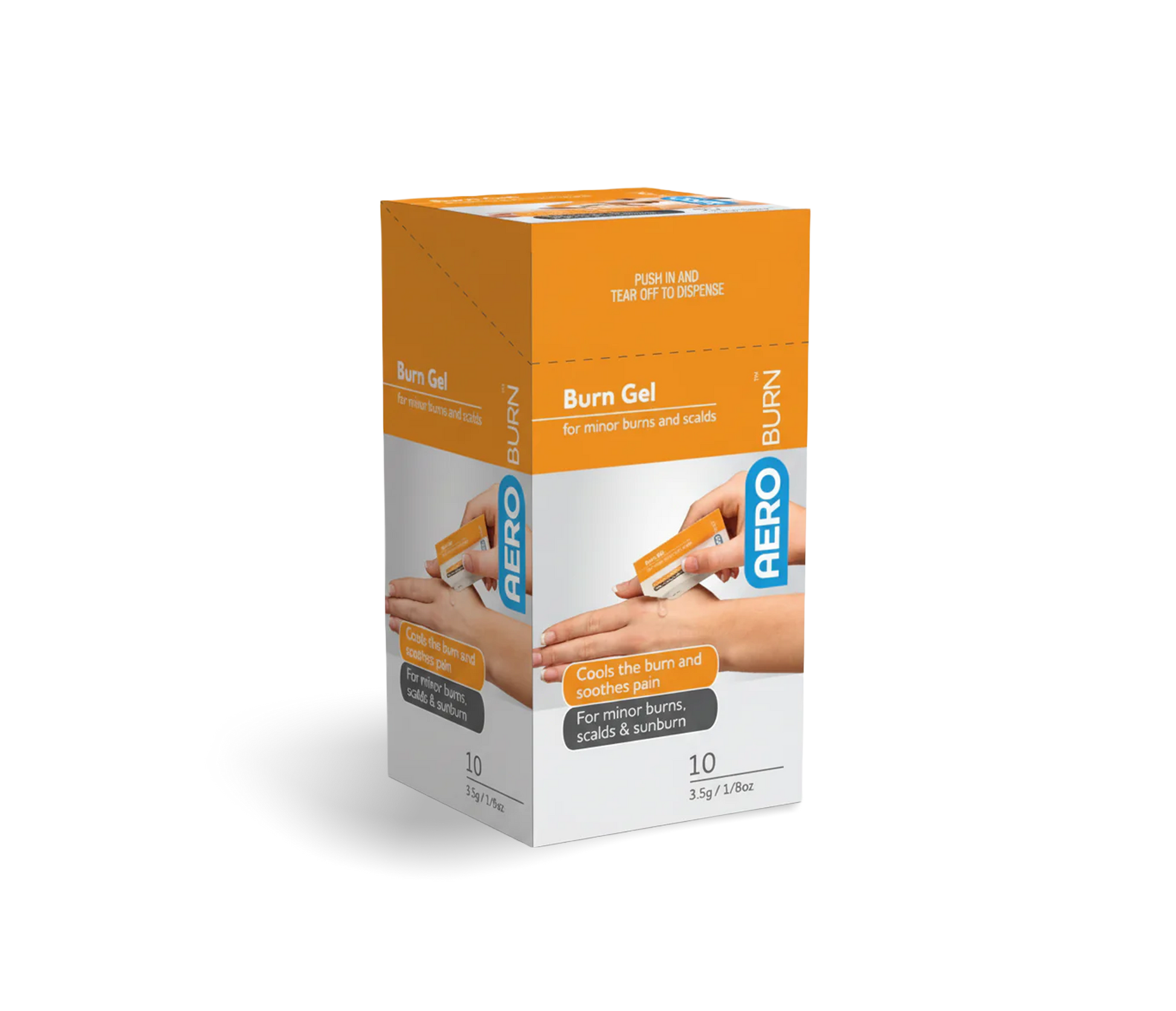 AeroBurn Burn Gel box showing application for minor burns, scalds, and sunburn with fast pain relief and hydration