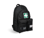 Black Modular Trauma First Aid Pack backpack with first aid emblem and multiple compartments for high-risk environments.