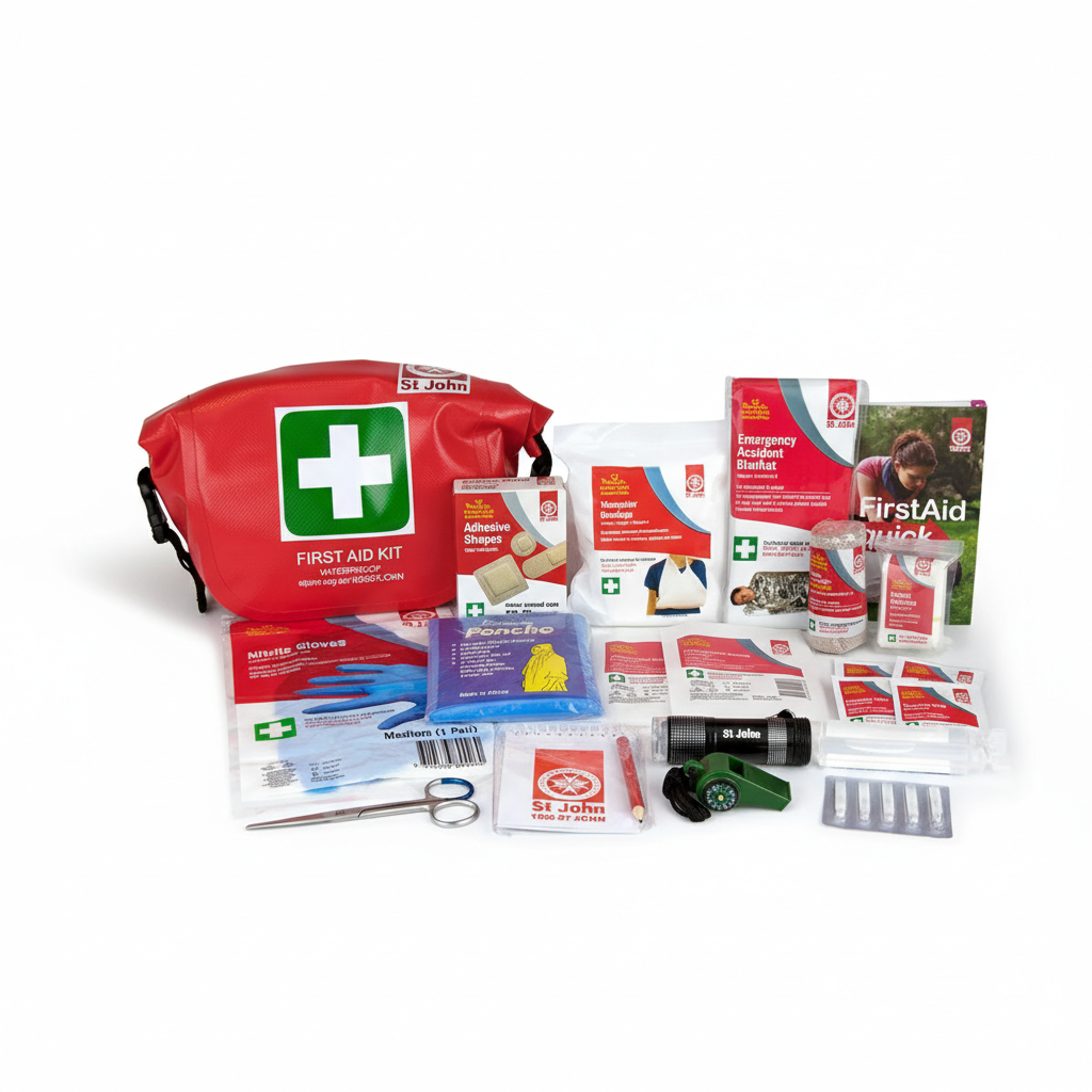 Waterproof First Aid Kit with durable red vinyl bag and essential first aid supplies for outdoor safety and emergencies