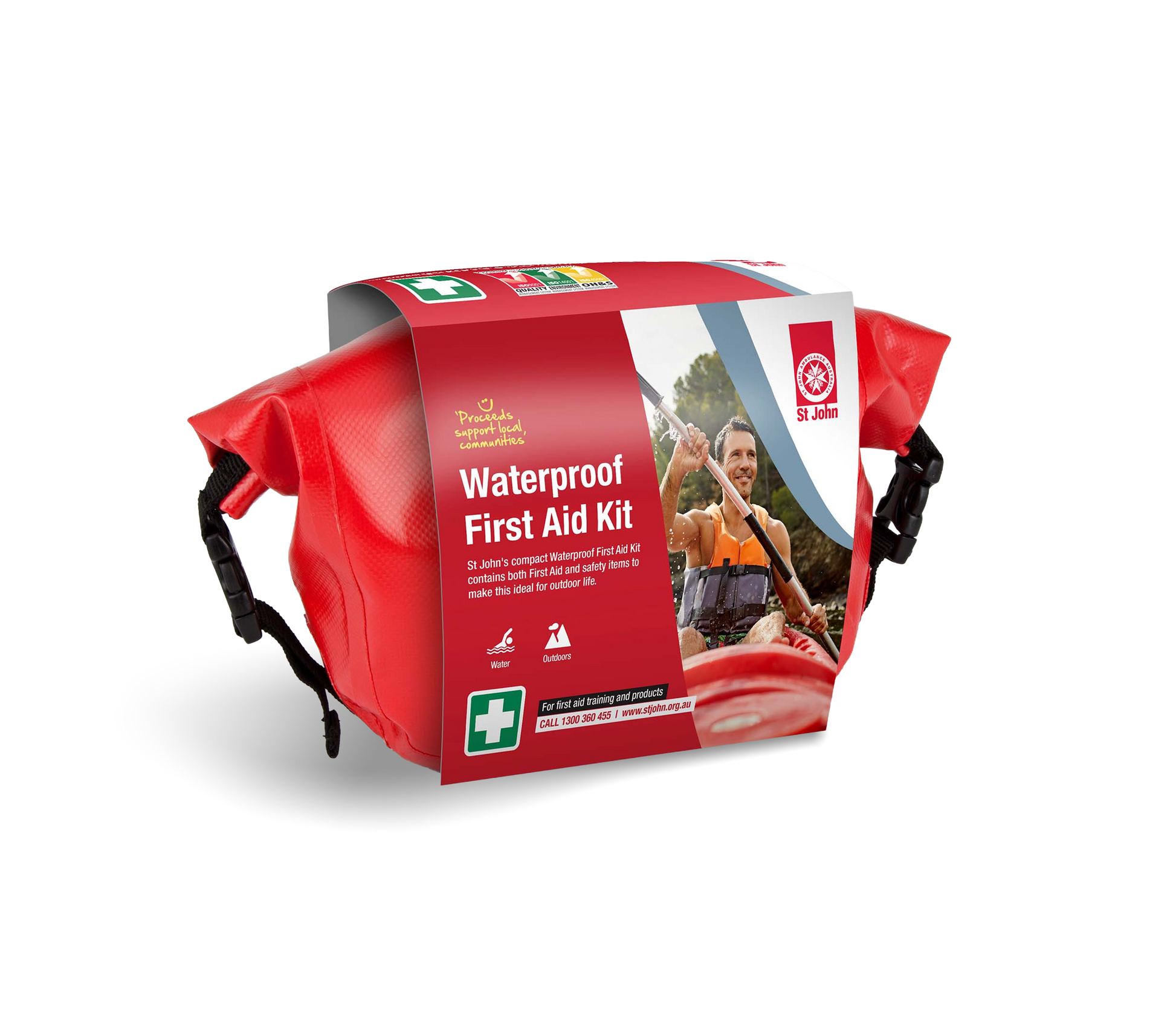 St John WA Waterproof First Aid Kit in durable red vinyl bag perfect for outdoor first aid supplies and emergencies.