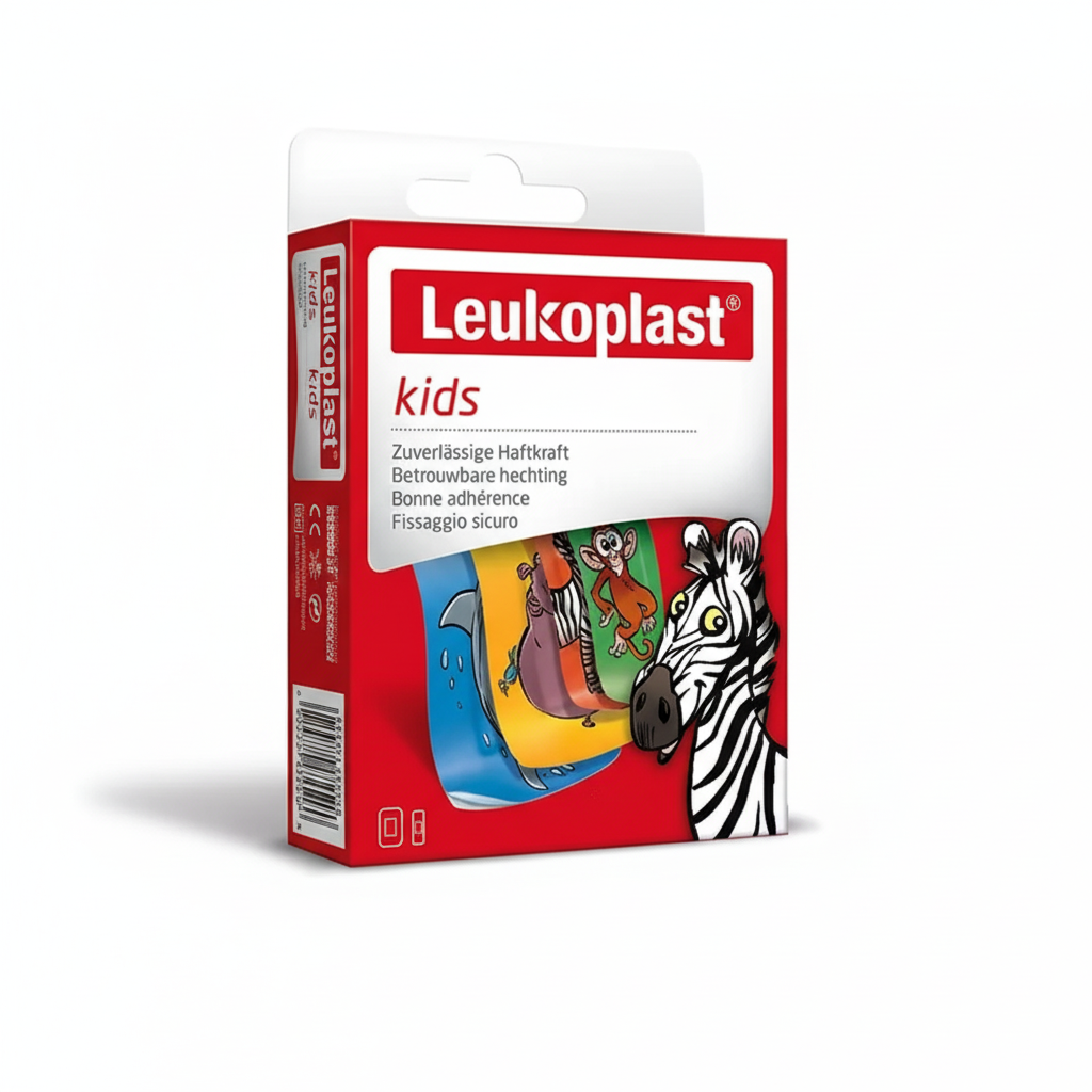 Leukoplast Kids Dressings with colorful animal patterns for children, absorbent and gentle on skin for first aid supplies.