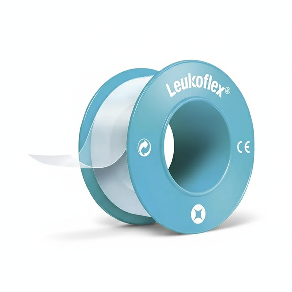 Leukoflex Tape roll showing transparent adhesive fabric tape for sensitive skin and high tensile strength applications