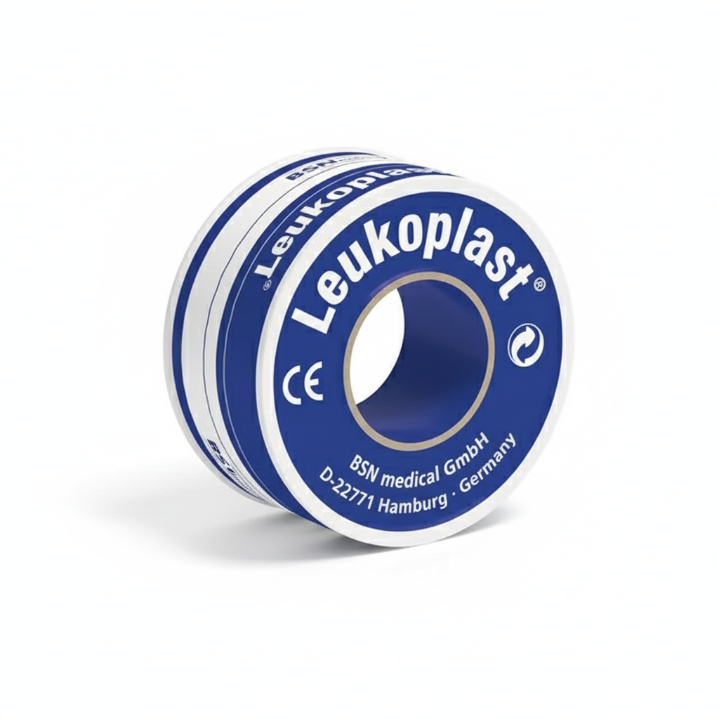 Leukoplast Tape roll showing blue and white packaging, waterproof medical tape for first aid supplies and bandages