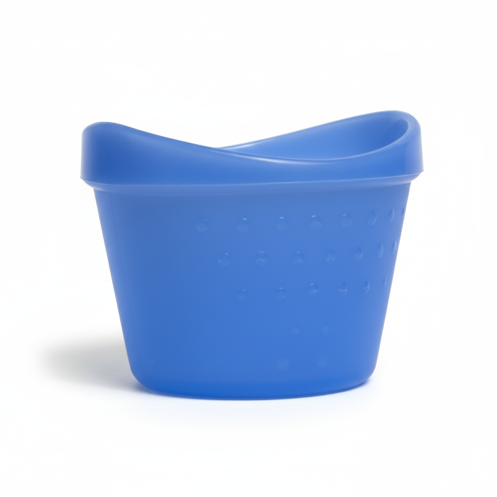 Plastic Eye Bath (Egg Cup Style) in blue plastic for controlled eye irrigation to remove debris and contaminants.