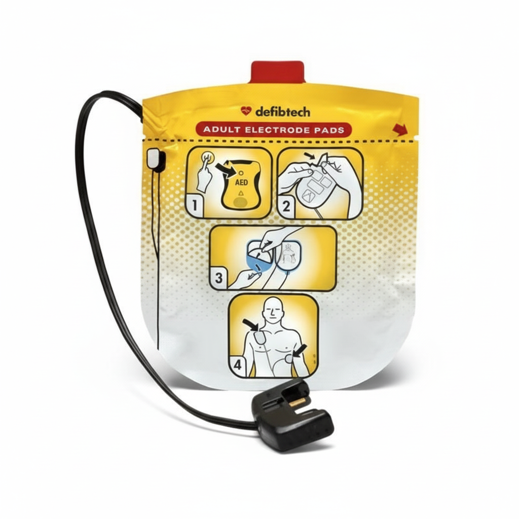 Defibtech Lifeline Defib (Adult) Pads - Single Pair with electrode placement instructions for first aid defibrillators.