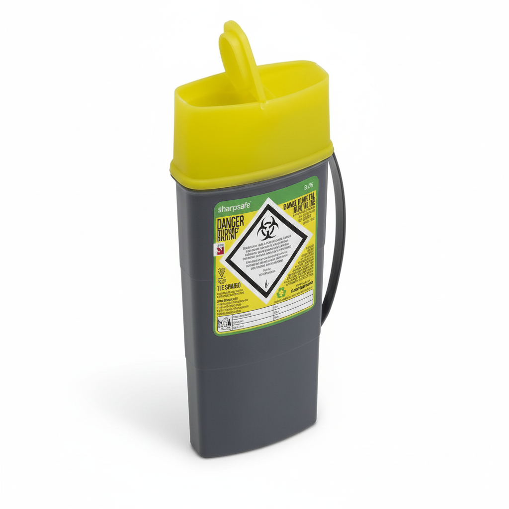 Sharps Container in recycled grey with yellow guard for safe disposal of clinical sharps and medical waste, compact 0.6L capacity