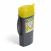 Sharps Container grey and yellow clinical disposer with biohazard warning label and safety guard for sharps waste disposal