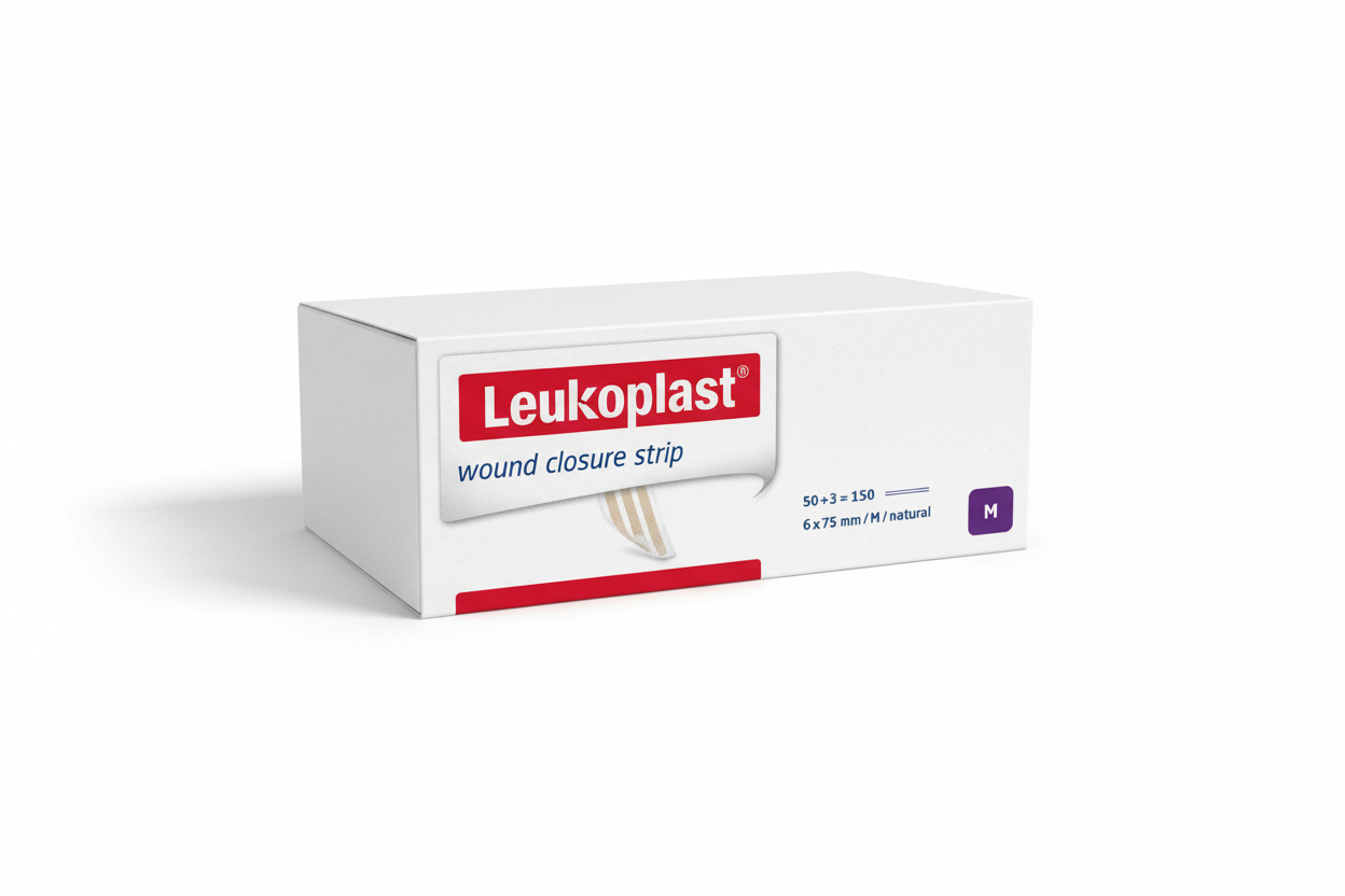 Leukoplast Wound Closure Strips box showing medium size flexible strips for wound closure and first aid supplies