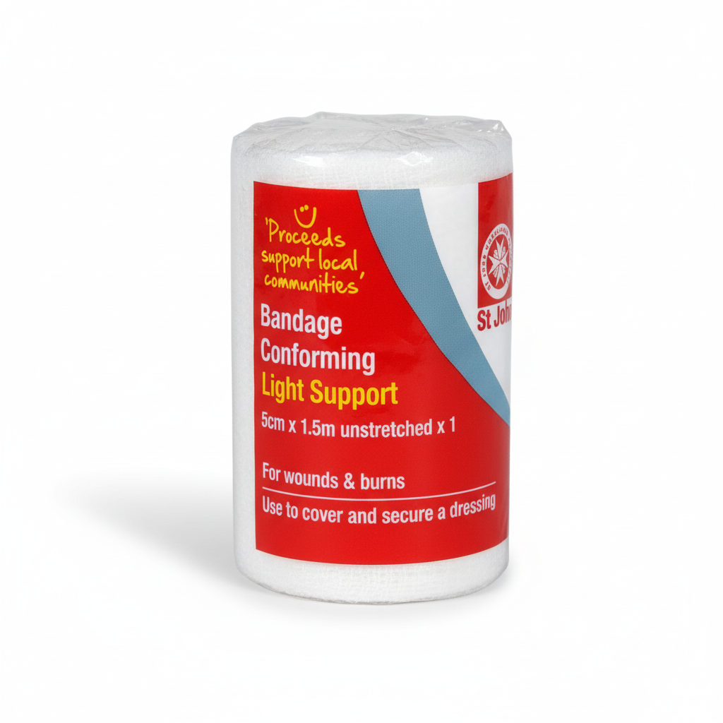 Conforming Bandage roll made from soft white cotton for light compression and securing dressings in first aid supplies