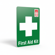 Fire Aid Car Sticker - Single with green background, white cross, and St John logo indicating first aid kit presence in vehicle