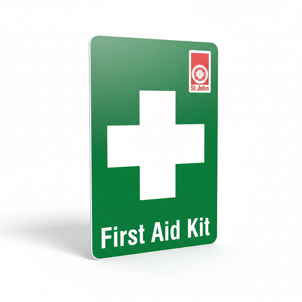Fire Aid Car Sticker - Single with green background, white cross, and St John logo indicating first aid kit presence in vehicle