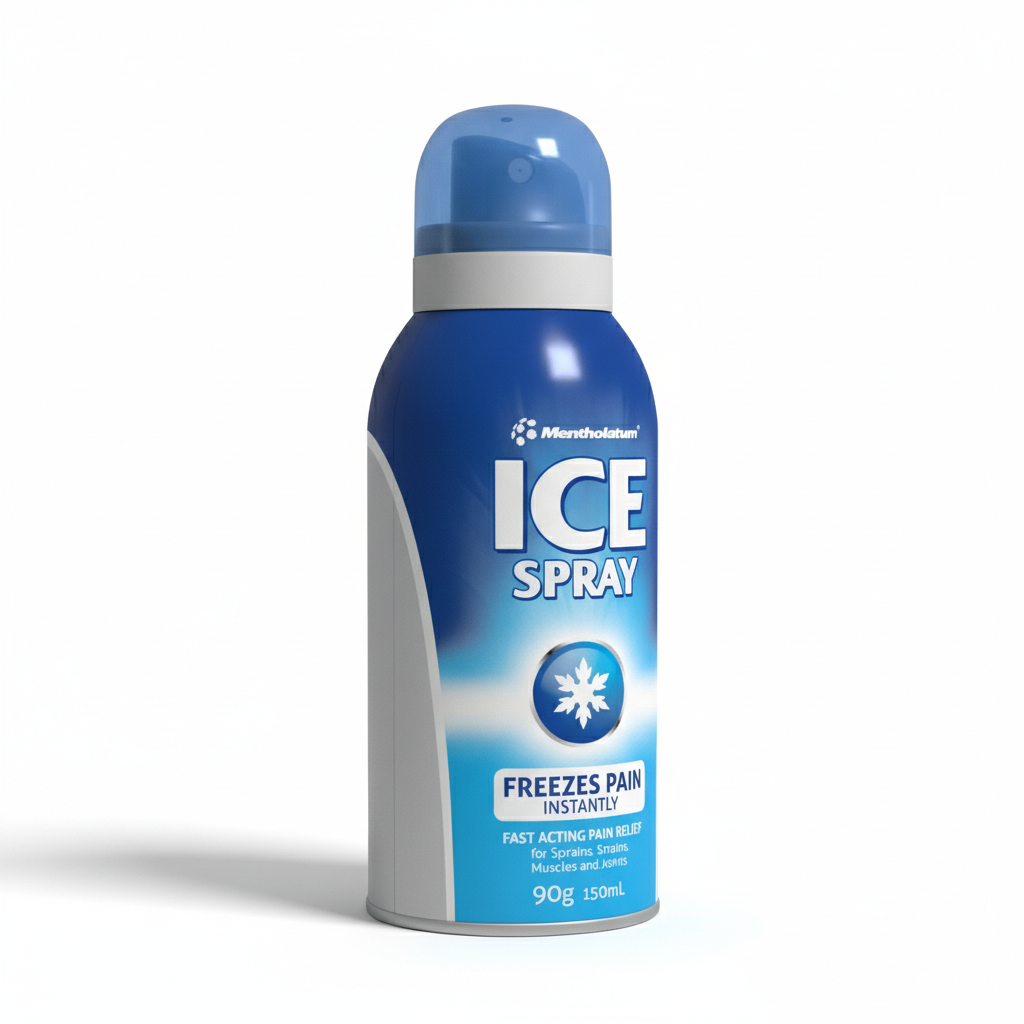 ICE Spray can for instant cooling relief from sports injuries, muscle soreness, and joint stiffness.