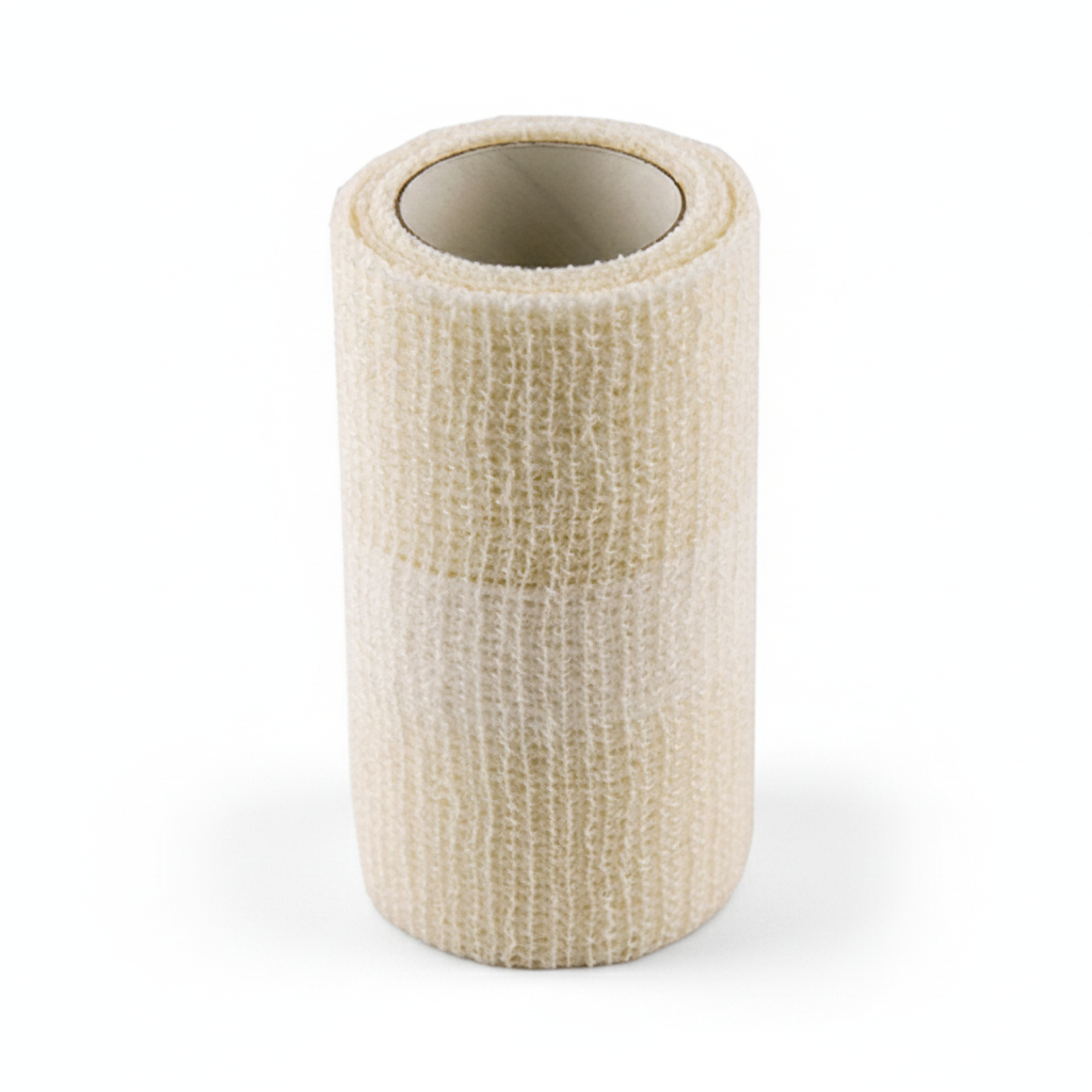 Handygauze Cohesive Retention Bandage roll in beige, self-adhering for first aid dressing retention without tape.