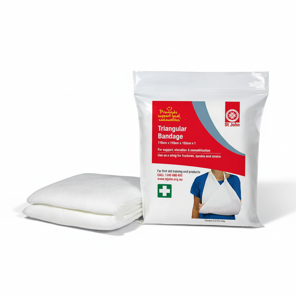 Triangular Bandage for first aid kits, used for slings, injury support, dressing retention, and bleeding control by St John WA