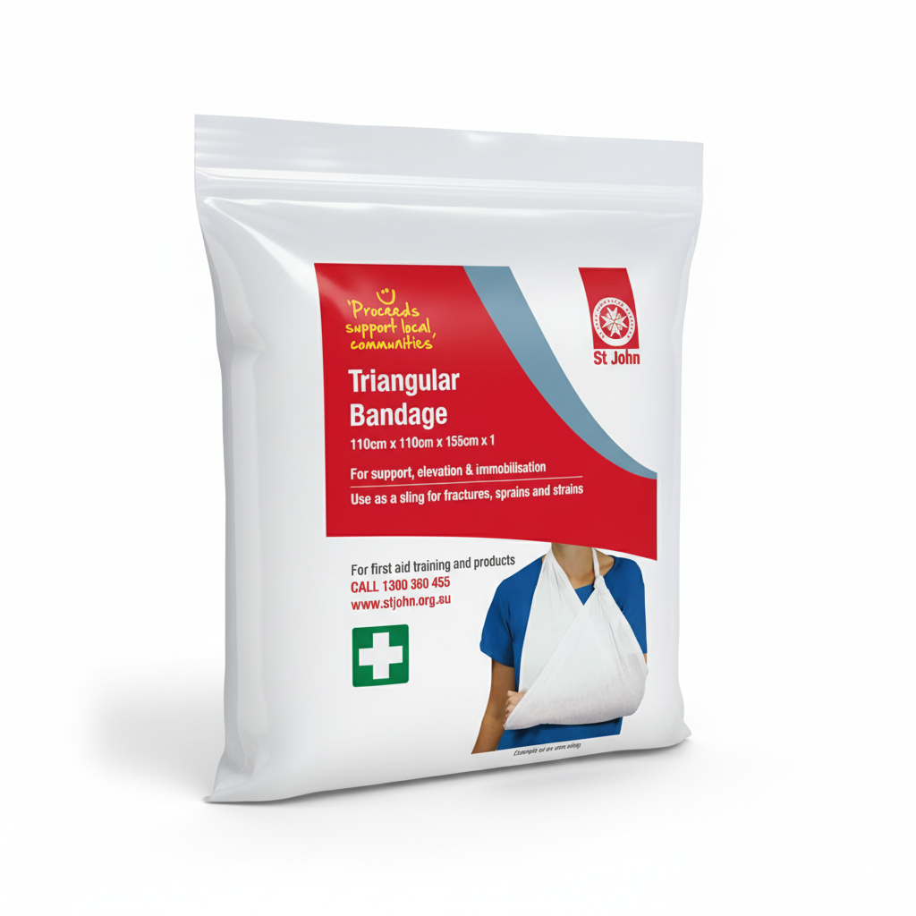 Triangular Bandage packaging with first aid support instructions and image of arm sling for fractures and strains usage