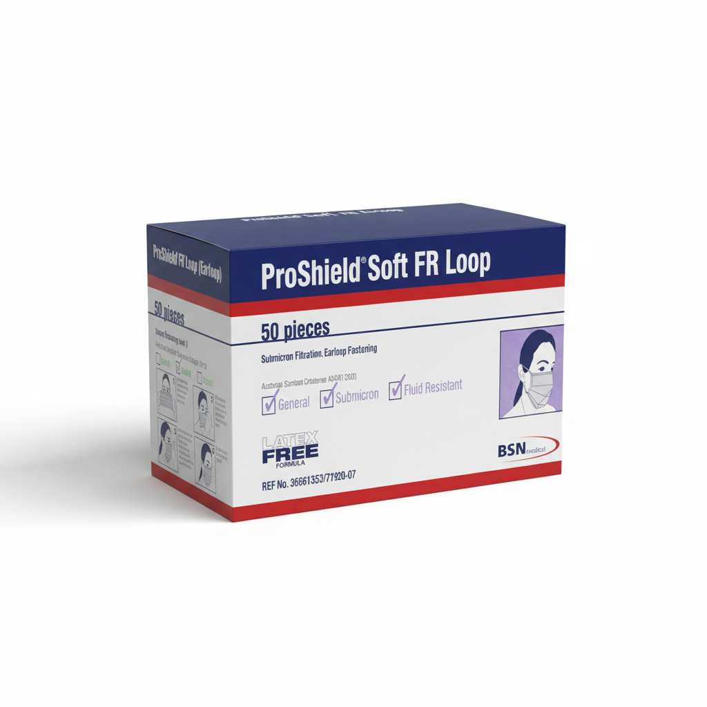 Box of ProShield Surgical Face Masks (Level 2) - Box of 50, soft fluid-resistant masks with triple pleat design.