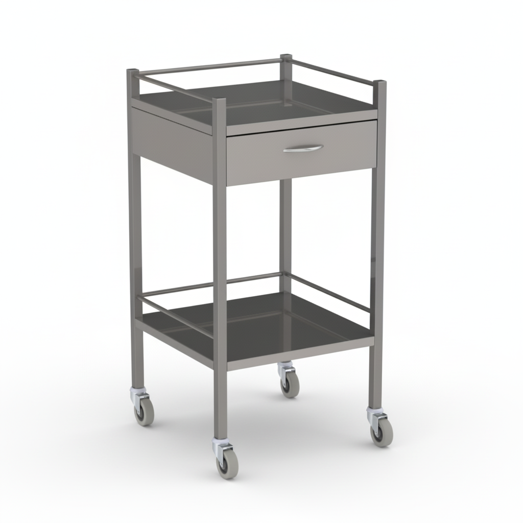 Medical Instrument Trolley with welded design, safe edges, drawer, and large castors for easy cleaning and mobility in medical settings