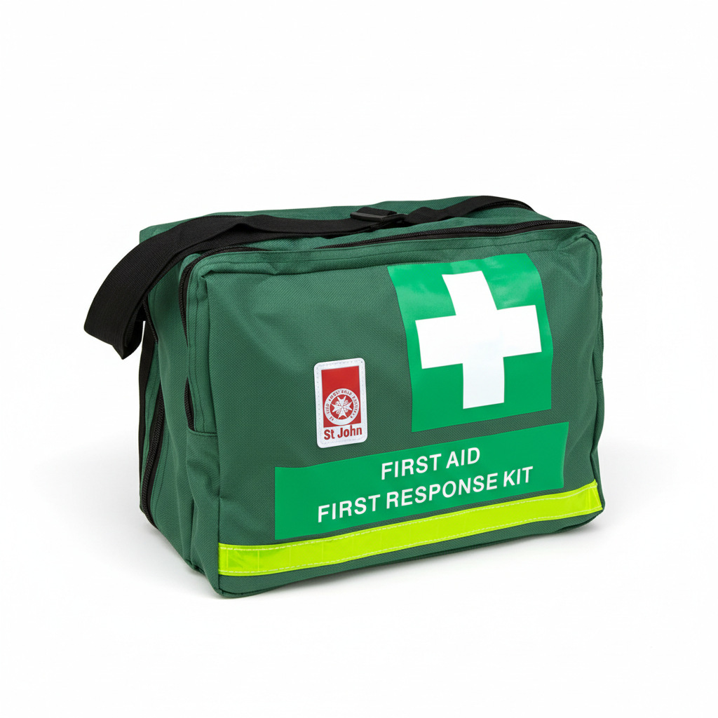 Green St John WA bag with white cross and text First Aid First Response Kit for emergency supplies