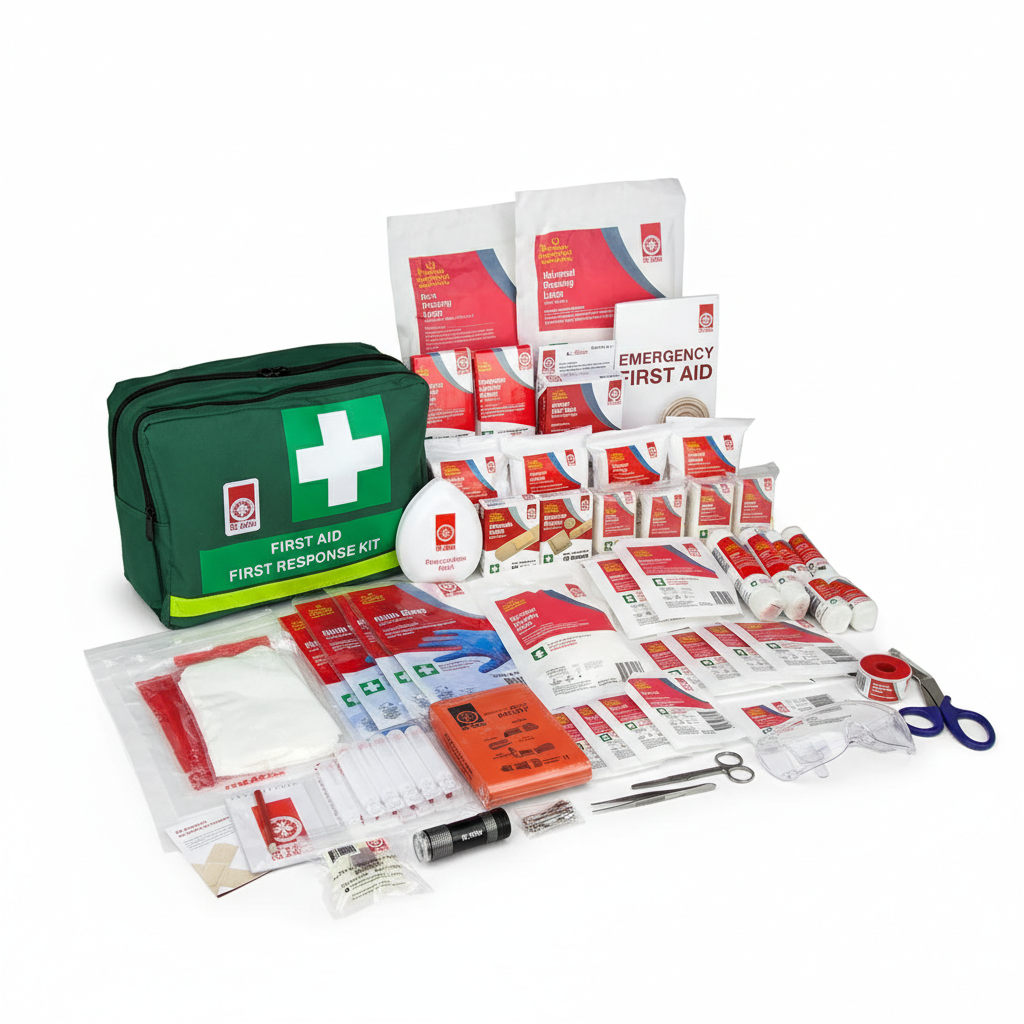 First Response First Aid Kit with comprehensive first aid supplies including bandages, scissors, gloves, and emergency care items for rapid response.