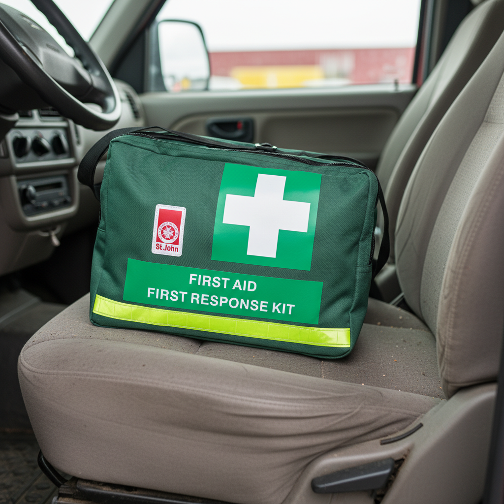 First Response First Aid Kit green bag with St John WA logo on a car seat ready for emergency use
