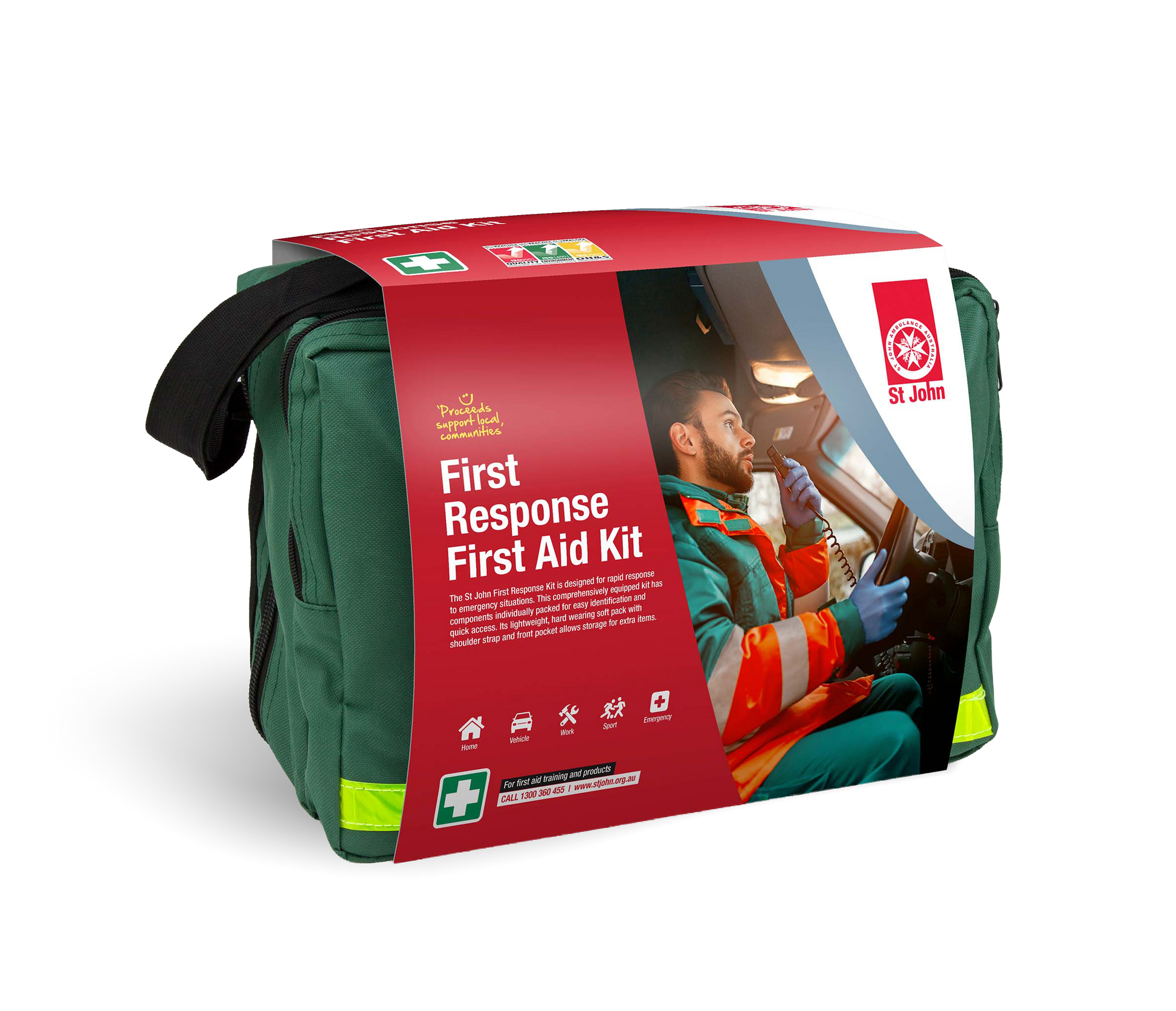 First Response First Aid Kit by St John showing emergency responder using radio inside vehicle with first aid supplies