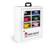 Workplace Modular First Aid System wall-mountable kit with six color-coded first aid supplies compartments for workplace emergencies