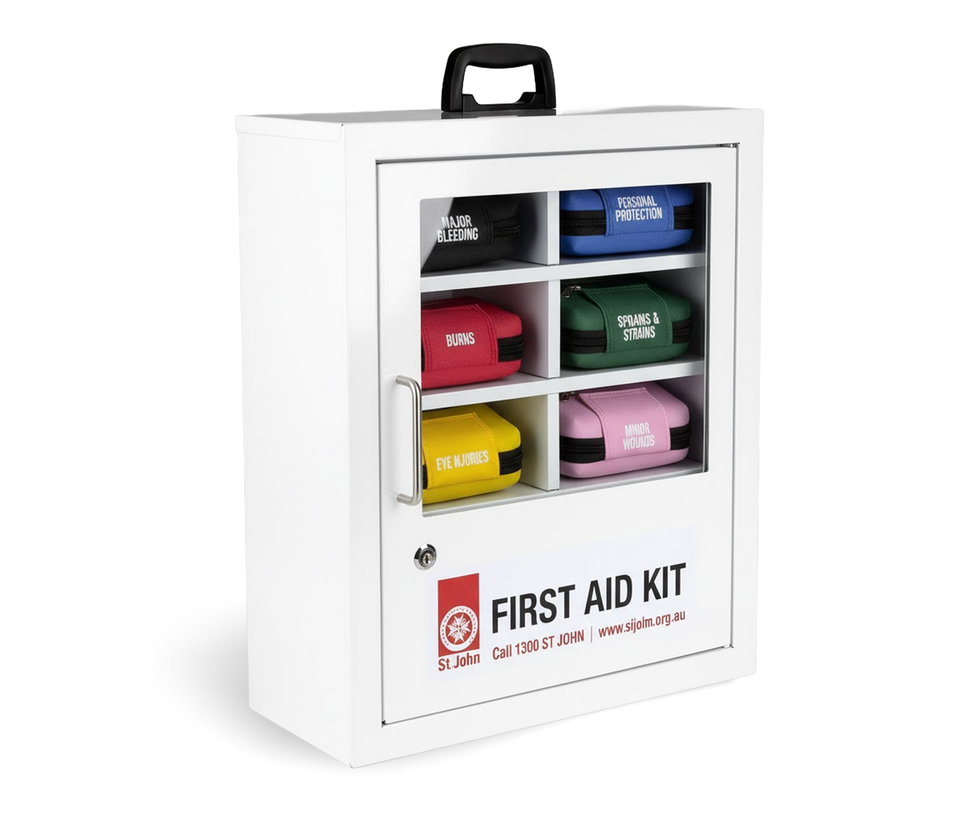 Workplace Modular First Aid System wall-mountable kit with six color-coded first aid supplies compartments for workplace emergencies