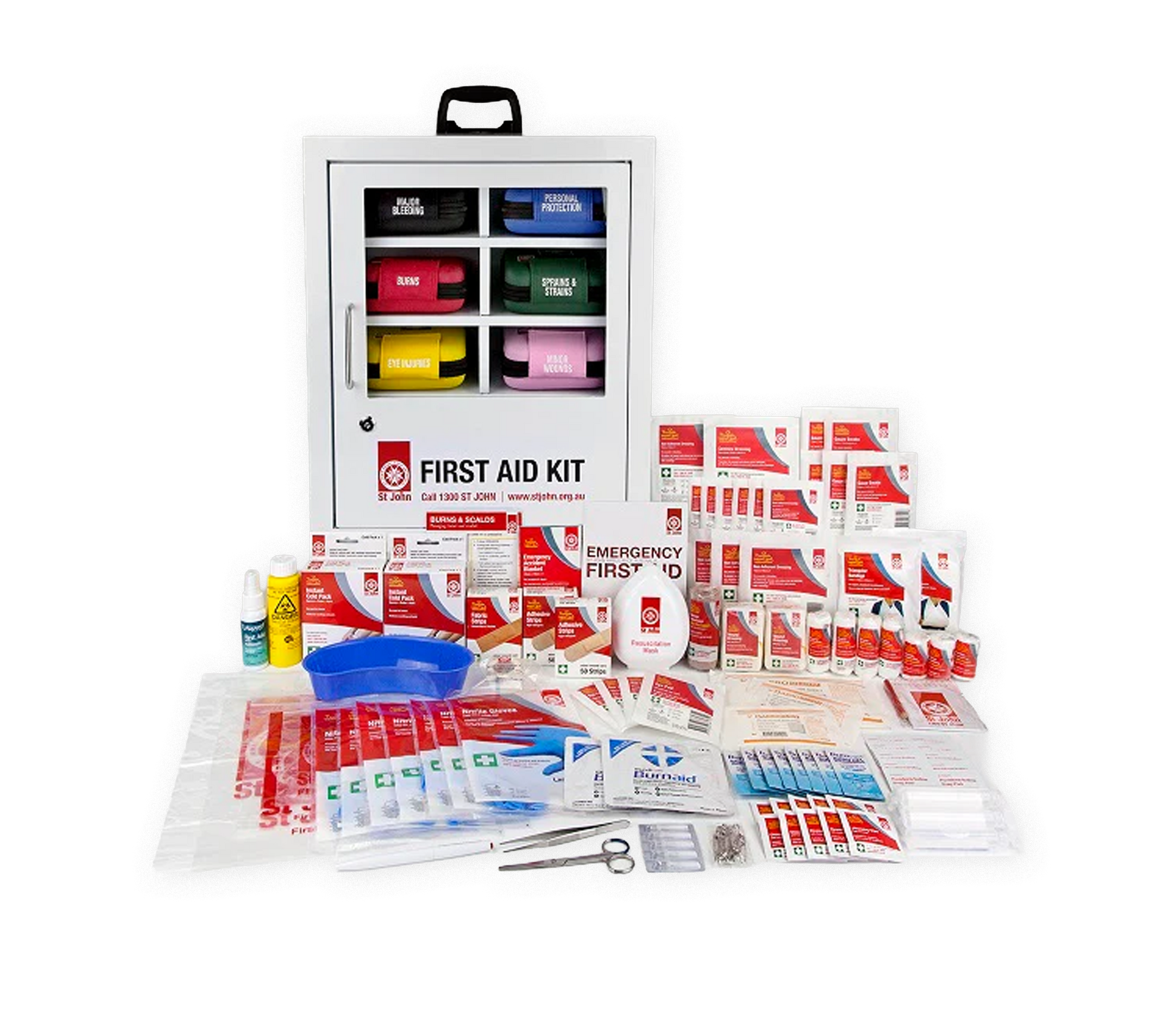 Workplace Modular First Aid System with six modules and comprehensive first aid supplies arranged in front of a wall-mounted cabinet