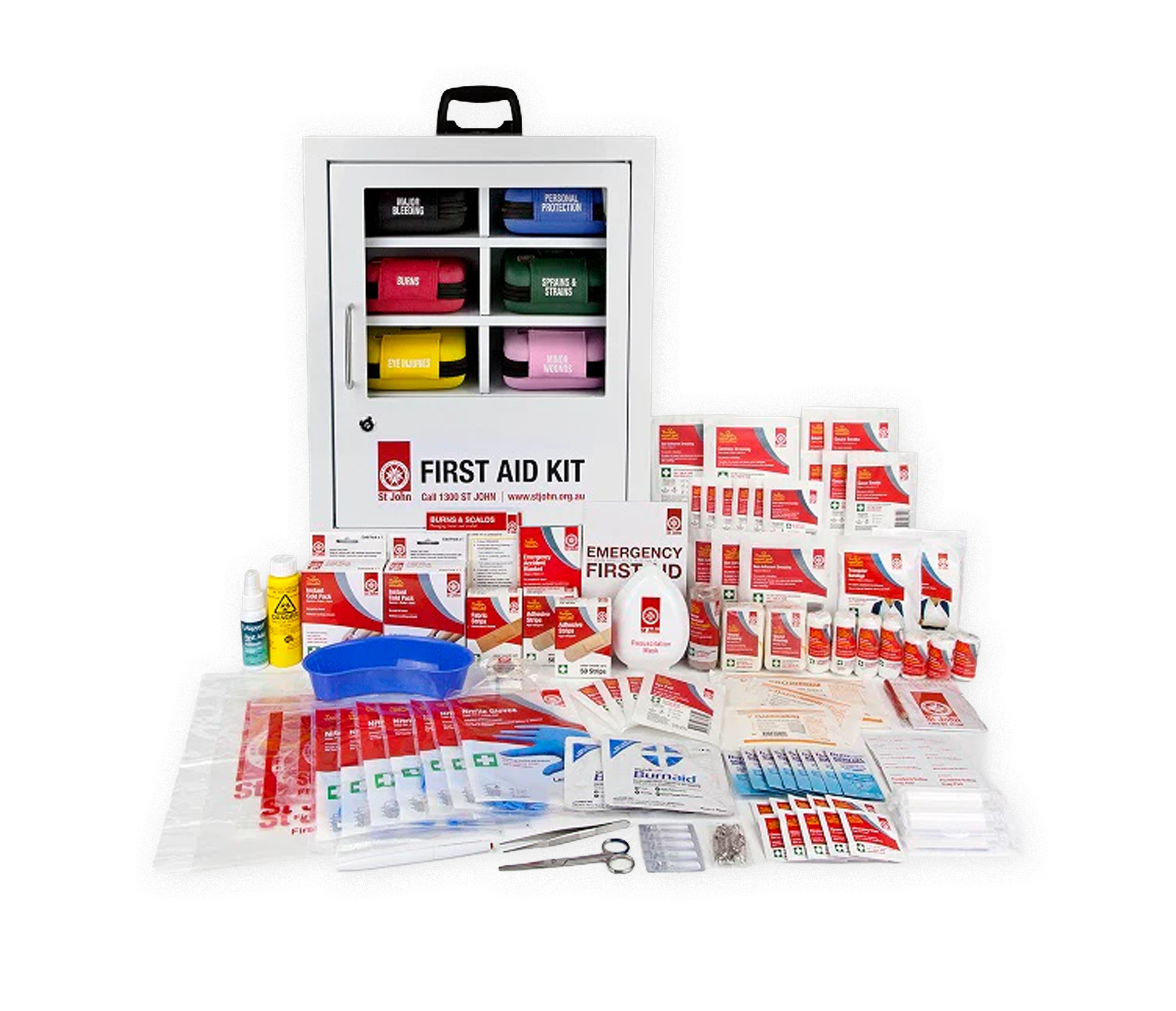 Workplace Modular First Aid System with six modules and comprehensive first aid supplies arranged in front of a wall-mounted cabinet