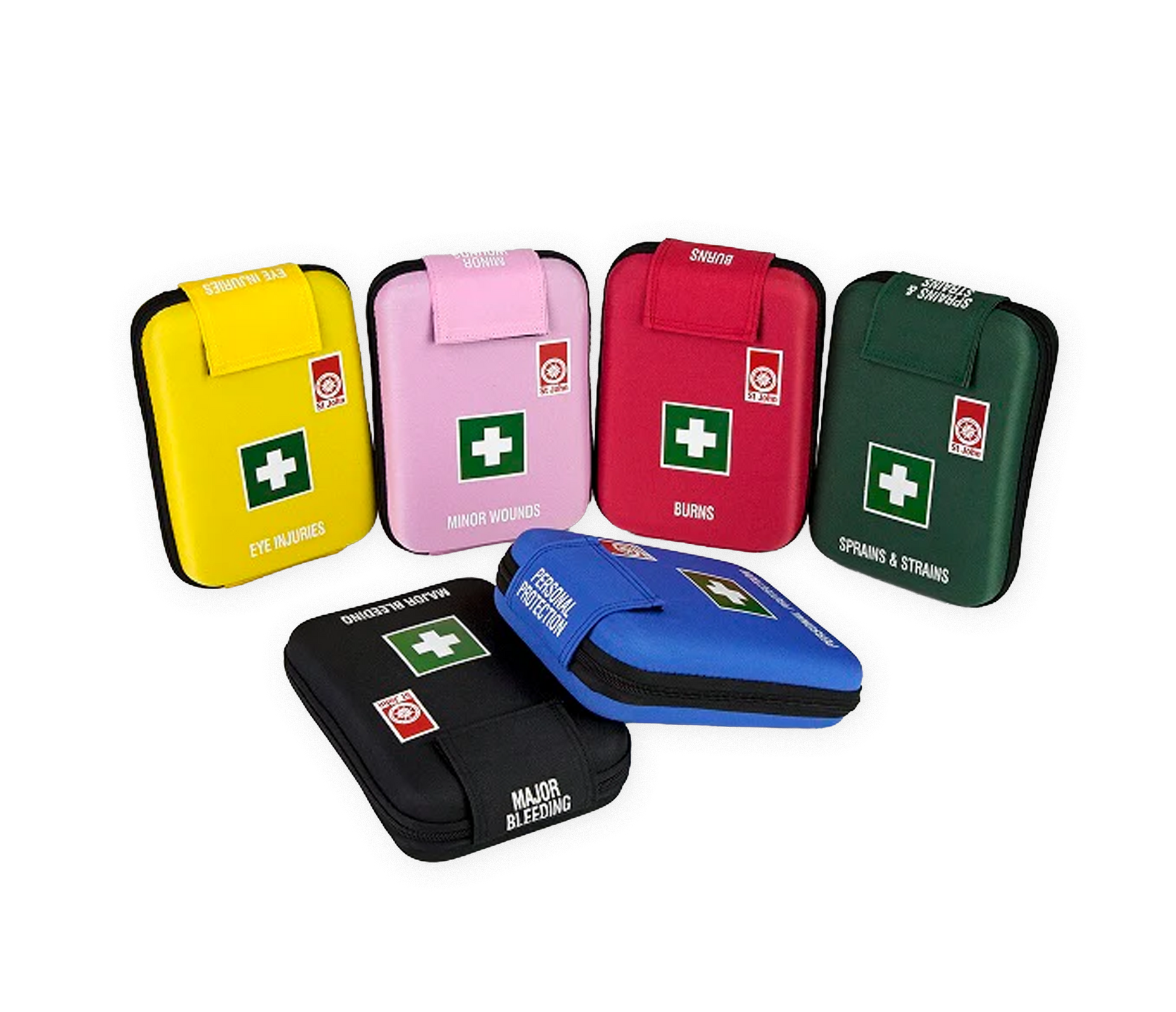 Workplace Modular First Aid System with color-coded first aid kits for eye injuries, wounds, burns, sprains, and major bleeding supplies.
