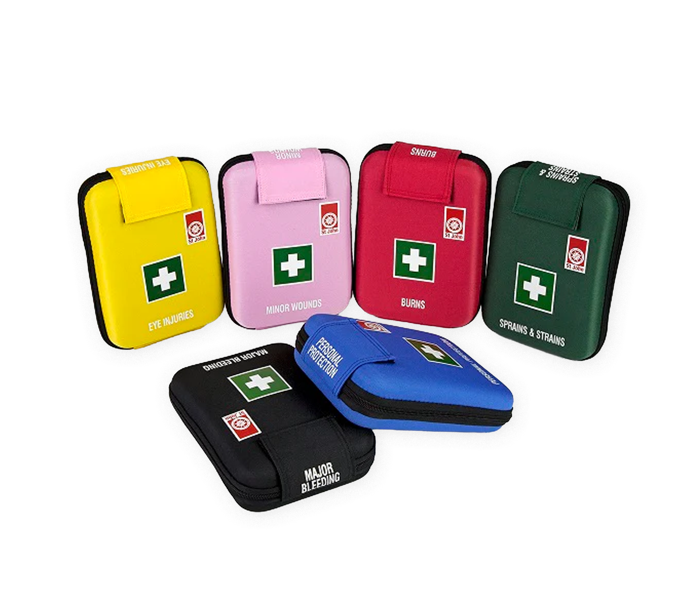 Workplace Modular First Aid System with color-coded first aid kits for eye injuries, wounds, burns, sprains, and major bleeding supplies.