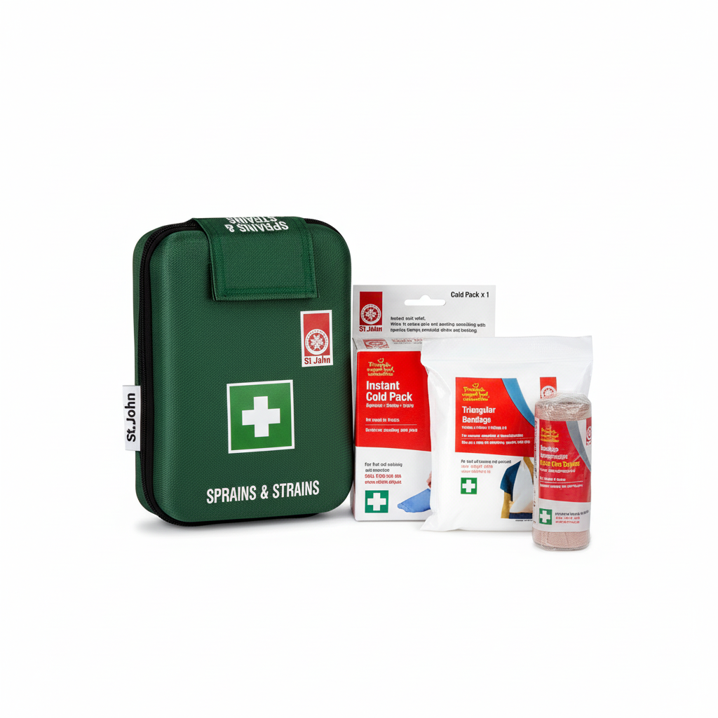 Sprains and Strains first aid kit with cold pack, triangular bandage, and crepe bandage for workplace injury care