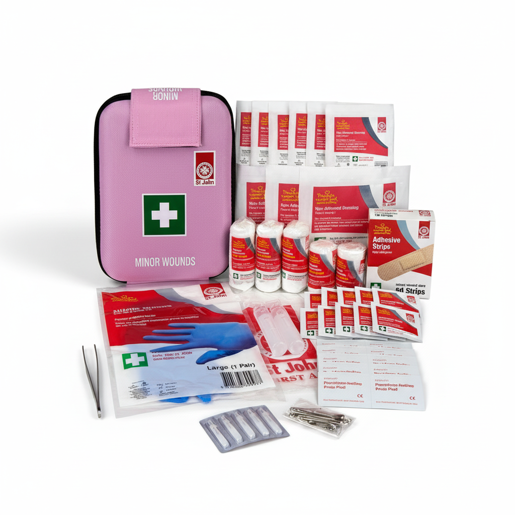 Minor Wounds first aid kit with dressings, bandages, antiseptic solution, gloves, and tools for workplace wound care.