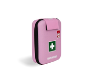 Minor Wounds first aid kit in pink with green cross, designed for workplace injuries including dressings and gloves.