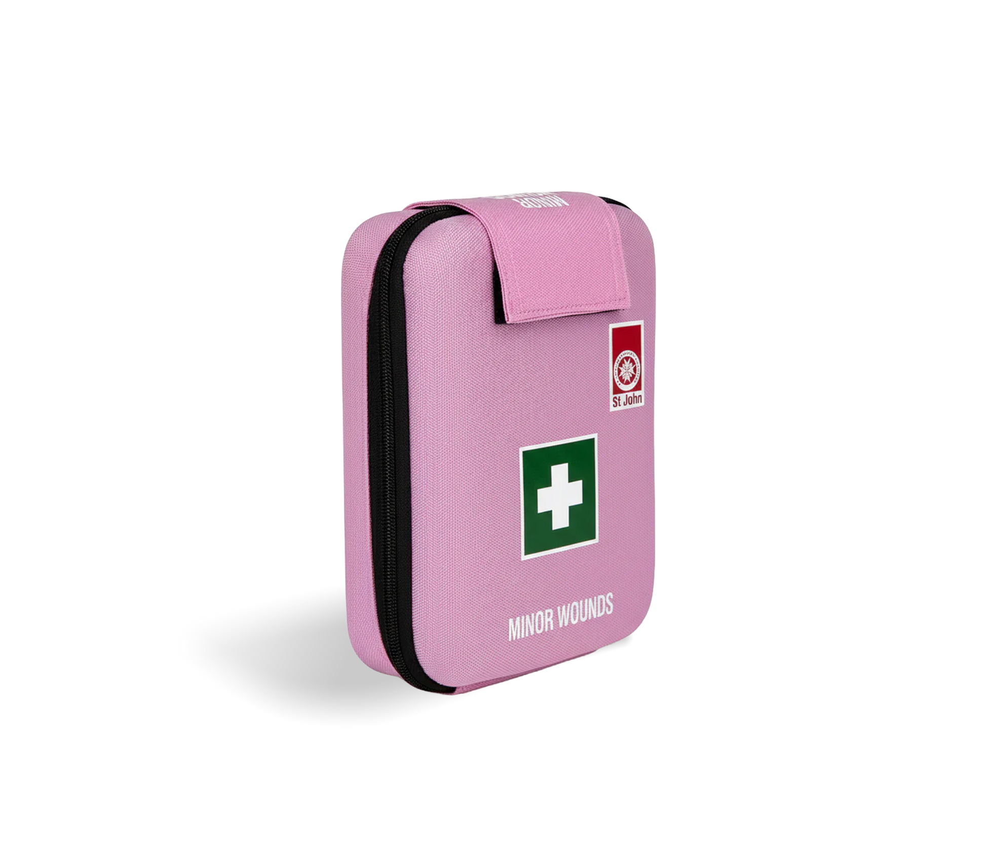 Minor Wounds first aid kit in pink with green cross, designed for workplace injuries including dressings and gloves.