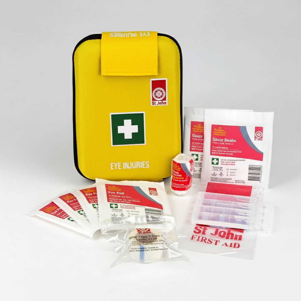Yellow first aid module pouch labeled Eye Injuries with sterile eye pads, gauze swabs, saline, and securing tape displayed