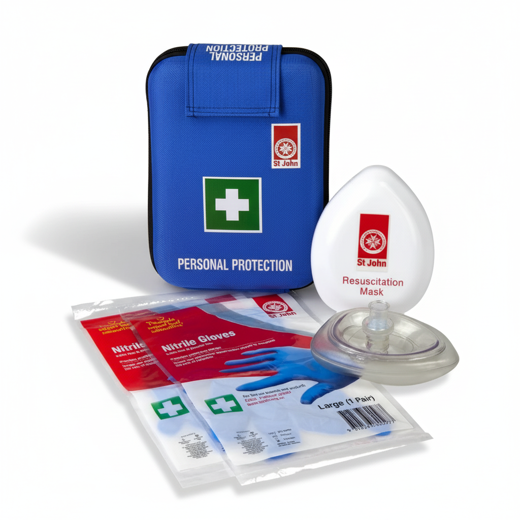 Personal Protection first aid module with gloves and resuscitation mask for minor workplace wounds and hygiene control