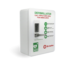 St John Defibrillator Cabinet made from durable metal with powder coating, designed for outdoor first aid and defibrillator storage
