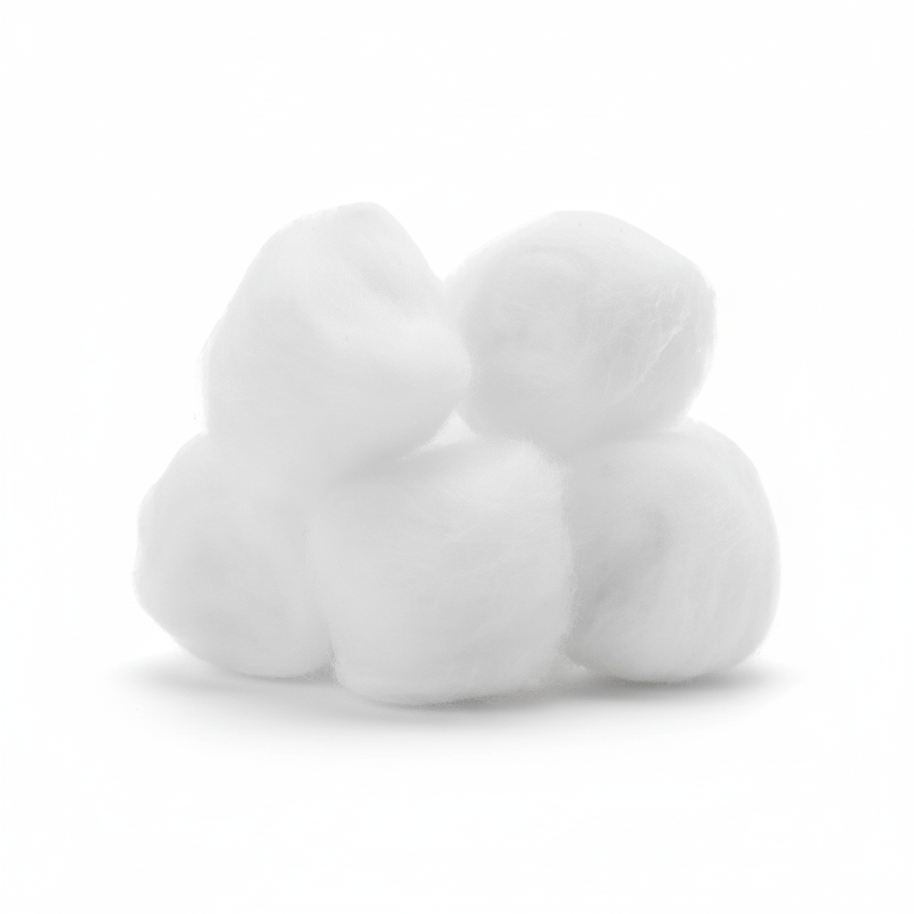 Cotton Balls Large white sterile cotton balls arranged in a pile for first aid supplies and wound cleaning use