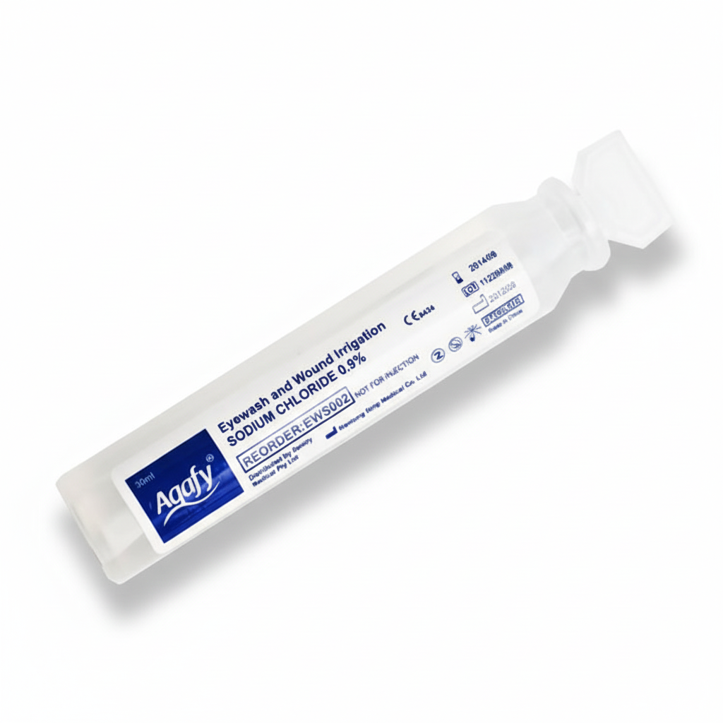 Aqafy Eyewash sterile sodium chloride solution in easy-squeeze ampoule for eye flushing and first aid use