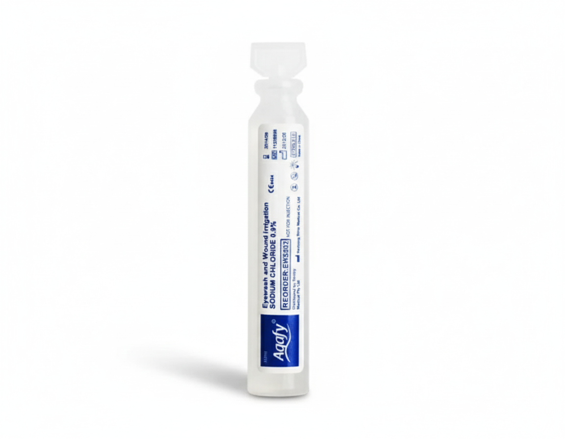 Aqafy Eyewash sterile 0.9% sodium chloride ampoule for eye flushing and cleansing in first aid and science labs