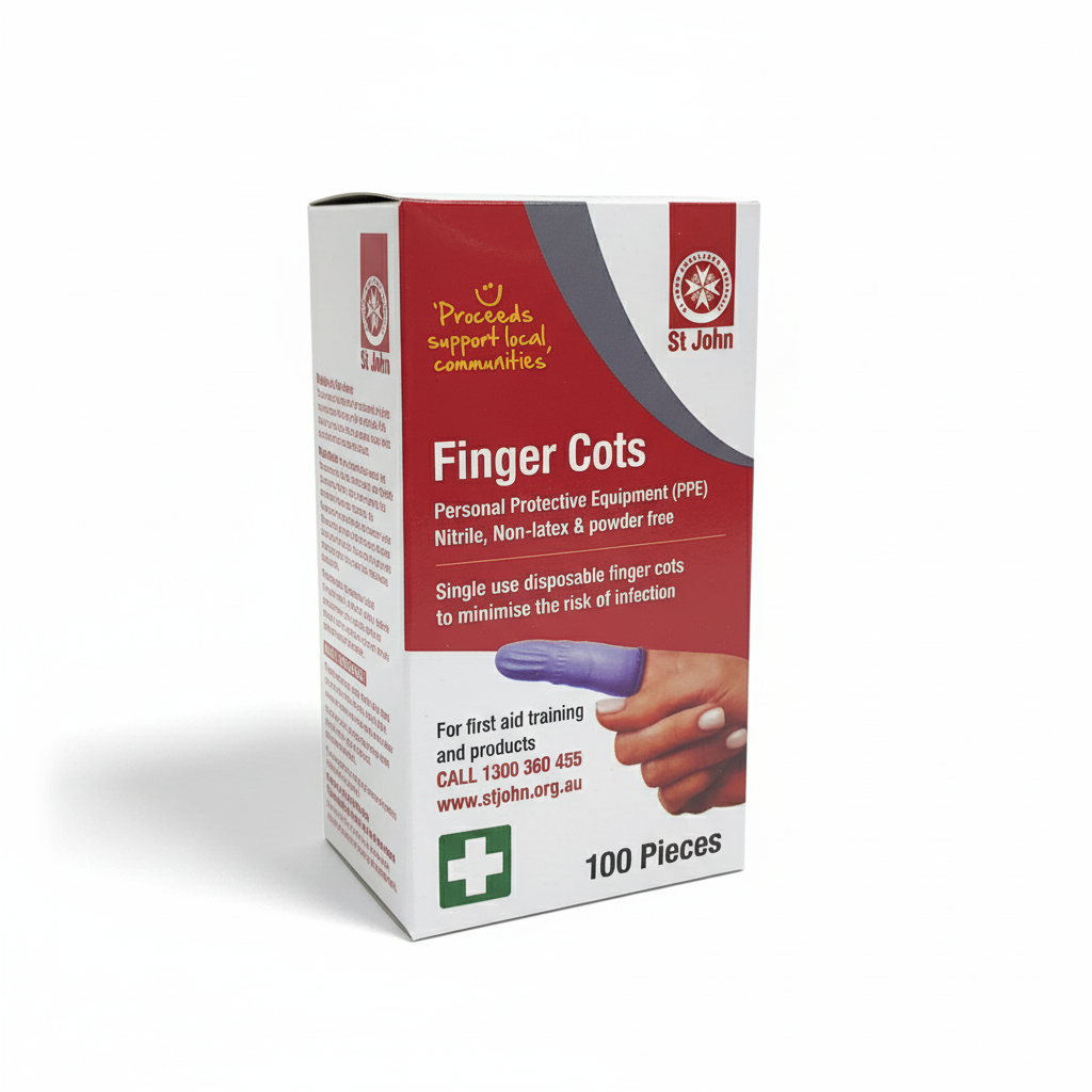 Box of Finger Cots Blue (Nitrile) showing single-use disposable finger protection for infection control, 100 pieces inside