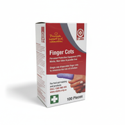 Box of Finger Cots Blue (Nitrile) showing single-use disposable finger protection for infection control, 100 pieces inside