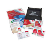 Personal Protection Pack including gloves, adhesive strips, face shield, cleaning wipes, and first aid priority card for hygiene and safety