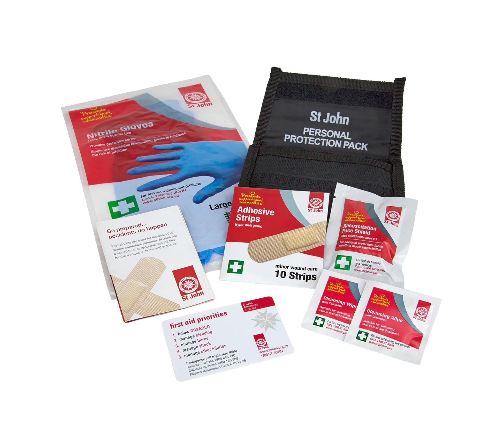 Personal Protection Pack including gloves, adhesive strips, face shield, cleaning wipes, and first aid priority card for hygiene and safety