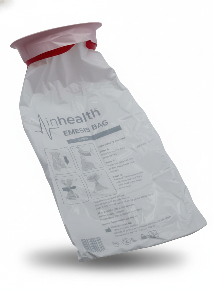 inhealth Emesis Bag for clinical use with graduated measure to contain vomit and prevent contamination and cross infection